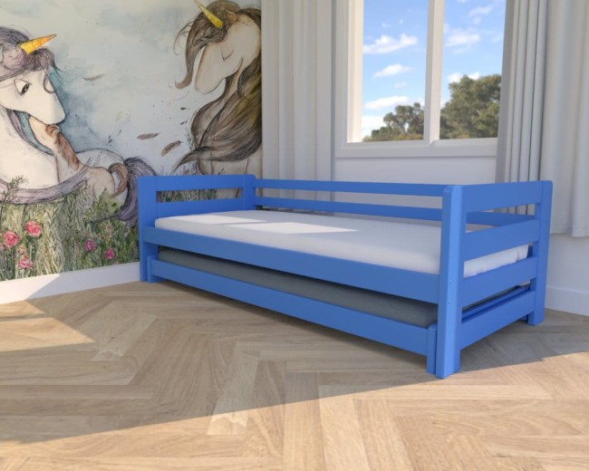 łóżko dla dzieci Jasio Low, niskie łóżko podwójne,łóżeczko dla chłopców wysuwane łóżko podwójne dla najmłodszych od Valor niebieskie.jpg