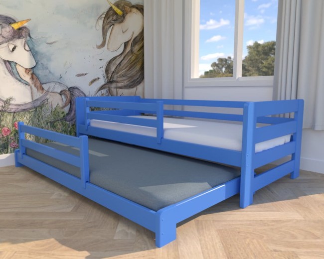 łóżko dla dzieci Jasio Low, niskie łóżko podwójne,łóżeczko dla chłopców wysuwane łóżko podwójne dla najmłodszych od Valorw kolorze niebieskim.jpg