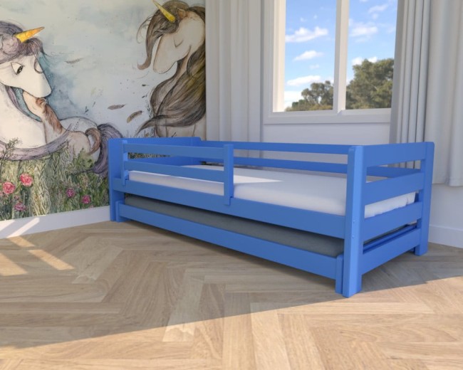 łóżko dla dzieci Jasio Low, niskie łóżko podwójne,łóżeczko dla chłopców z barierkami, wysuwane łóżko podwójne dla najmłodszych od Valor niebieskie.jpg