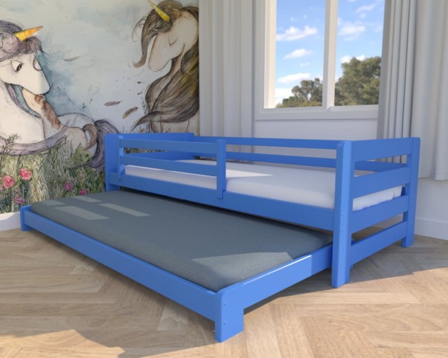niebieskie łóżko dla dzieci Jasio Low, niskie łóżko podwójne,łóżeczko dla chłopców wysuwane łóżko podwójne dla najmłodszych od Valor.jpg