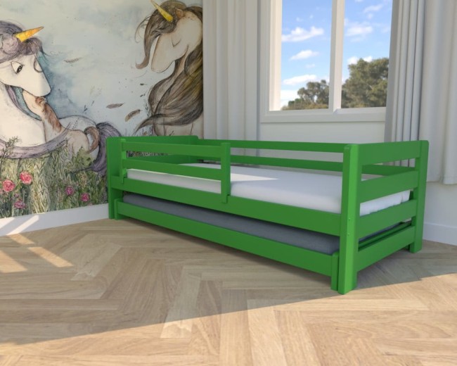 zielone łóżko dziecięce Jasio Low, niskie łóżko podwójne,łóżeczko dla dwójki dzieci, rozsuwane  łóżko podwójne dla najmłodszych od Valor Meble.jpg