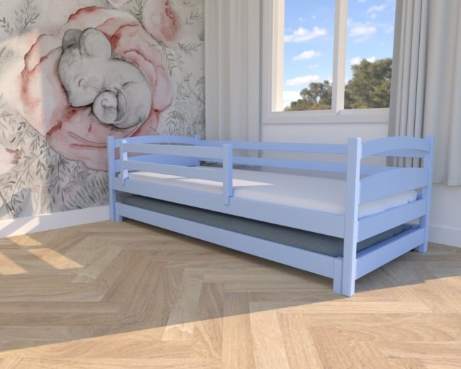 błękitne łóżko dziecięce Maja Low,niskie łóżko dla rodzeństwa, łóżko wysuwane dla dwojga,bezpiecznedrewniane łóżko dla najmłodszych od Valor Meble.jpg