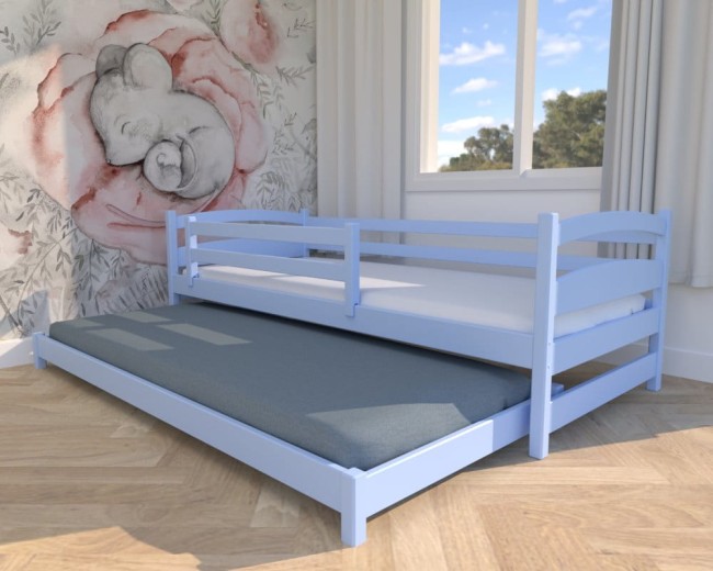 łóżko dziecięce Maja Low,niskie łóżko dla rodzeństwa, łóżko wysuwane dla chłopców bezpiecznedrewniane łóżko dla najmłodszych od Valor Meble błękitne.jpg