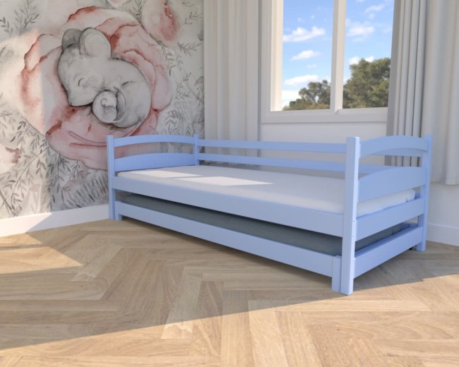 łóżko dziecięce Maja Low,niskie łóżko dla rodzeństwa, łóżko wysuwane dla dwojga,bezpiecznedrewniane łóżko dla najmłodszych od Valor Meble błękitne.jpg