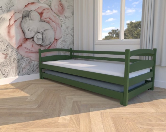 łóżeczko Maja Low idealne dla rodzeństwa,niskie nowoczesne łóżeczko dla najmłodszych, drewniane bezpieczne w kolorze butelkowa zieleń od Valor.jpg