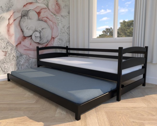czarne łóżko dziecięce Maja Low, wyjątkowy design łóżko dla najmłodszych, piekne łóżeczko drewniane dla dwulatka od producenta Valor Meble.jpg