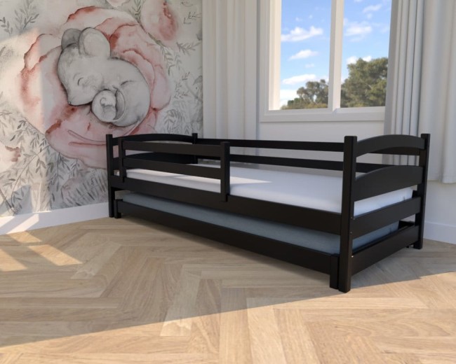 czarne łóżko dziecięce Maja Low, wyjątkowy design, łóżko dla najmłodszych, piekne łóżeczko drewniane dla dwulatka od producenta Valor Meble.jpg