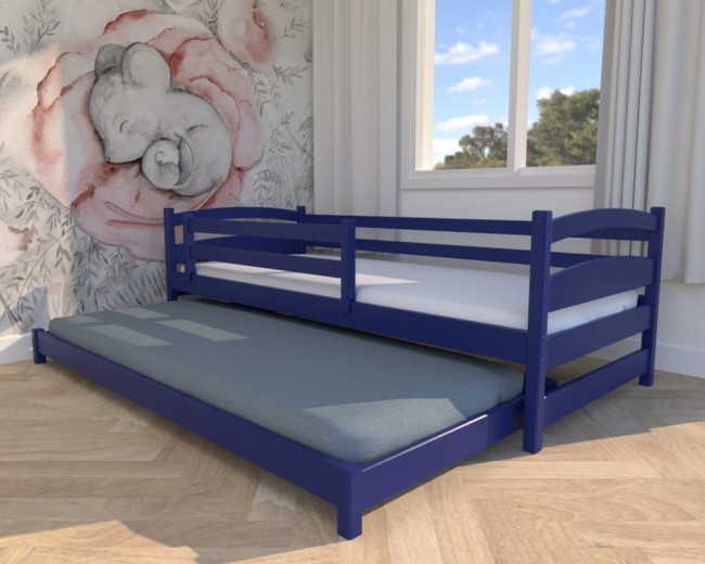 łóżko dla dzieci Maja Low w kolorze granatowym, niskie łóżeczko dla dwulatka, rozsuwane drewniane łóżko z barierką od Valor Meble.jpg
