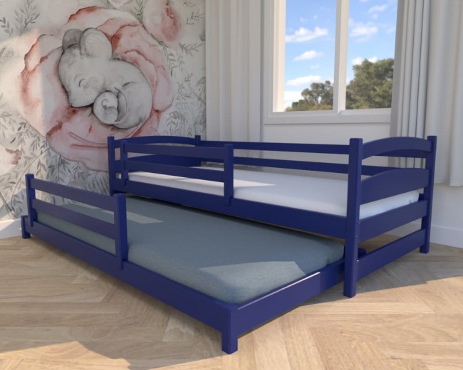 łóżko dla dzieci Maja Low w kolorze granatowym, niskie łóżeczko dla dwulatka, wysuwane drewniane łóżko z barierką od Valor Meble.jpg