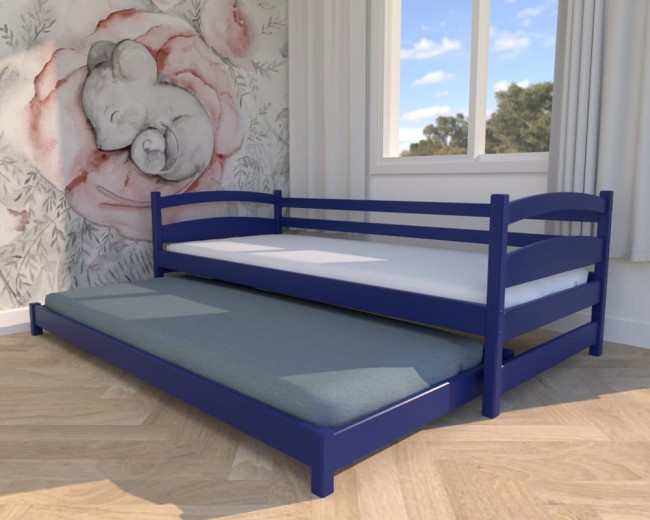 łóżko dla dzieci Maja Low,granatowe niskie łóżeczko dla dwulatka, rozsuwane drewniane łóżko z barierką od Valor Meble.jpg
