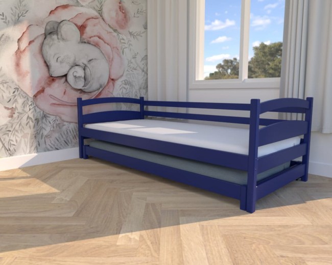 piekne łóżko dla dzieci Maja Low w kolorze granatowym, niskie łóżeczko dla dwulatka, rozsuwane drewniane łóżko z barierką od Valor Meble.jpg