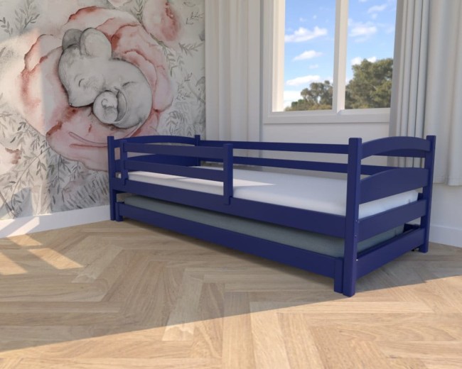 wyjątkowe łóżko dla dzieci Maja Low w kolorze granatowym, niskie łóżeczko dla dwulatka, rozsuwane drewniane łóżko z barierką od Valor Meble.jpg