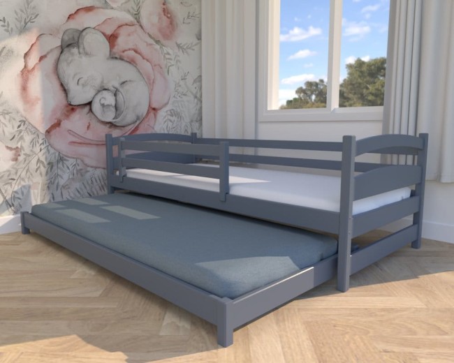 łóżko dla dzieci Maja Low w kolorze grafitowym,niskie łóżeczko bezpieczne dla najmłodszych, wysuwane łóżko podwójne dla rodzeństwo, dodatkowe spanie.jpg