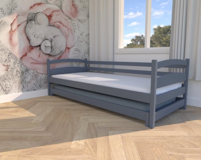 łóżko dla dzieci Maja Low w kolorze szarym,niskie łóżeczko bezpieczne dla najmłodszych, wysuwane łóżko podwójne dla rodzeństwa od Valor Meble.jpg