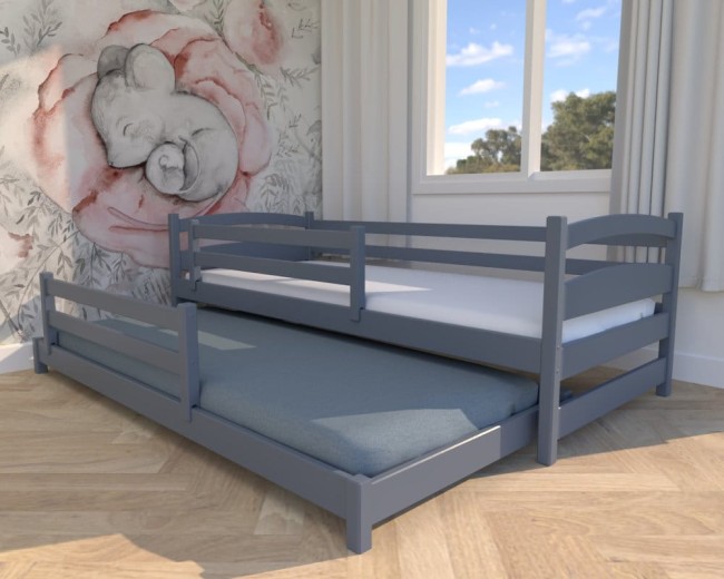 łóżko dla dzieci Maja Low w kolorze szarym,niskie łóżeczko bezpieczne dla najmłodszych, wysuwane łóżko podwójne dla rodzeństwo, dodatkowe spanie.jpg