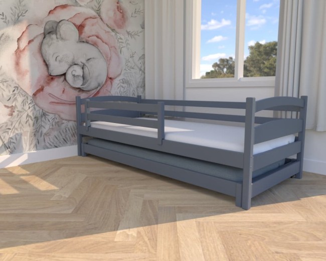 łóżko dla dzieci Maja Low, nowoczesne niskie łóżeczko bezpieczne dla najmłodszych, wysuwane łóżko podwójne dla rodzeństwo, dodatkowe spanie.jpg