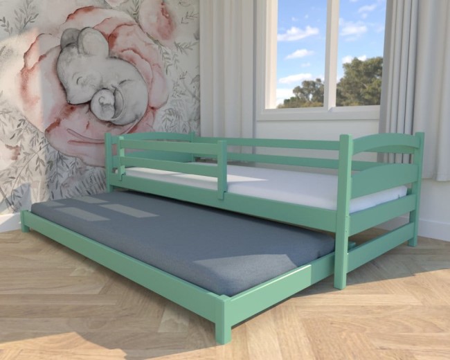 łóżko dziecięce Maja Low, niskie łóżko rozsuwane na dwa osobne, drewniane łóżeczko dla rodzeństwa z barierkami, bezpieczne od producenta Valor Meble.jpg