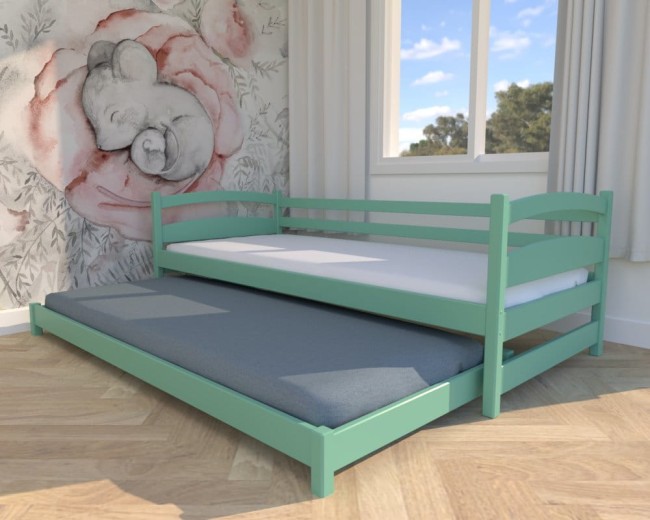 łóżko dziecięce Maja Low, niskie łóżko rozsuwane na dwa osobne, drewniane łóżeczko dla rodzeństwa z barierkami, bezpieczne od Valor Meble kolor mięta.jpg