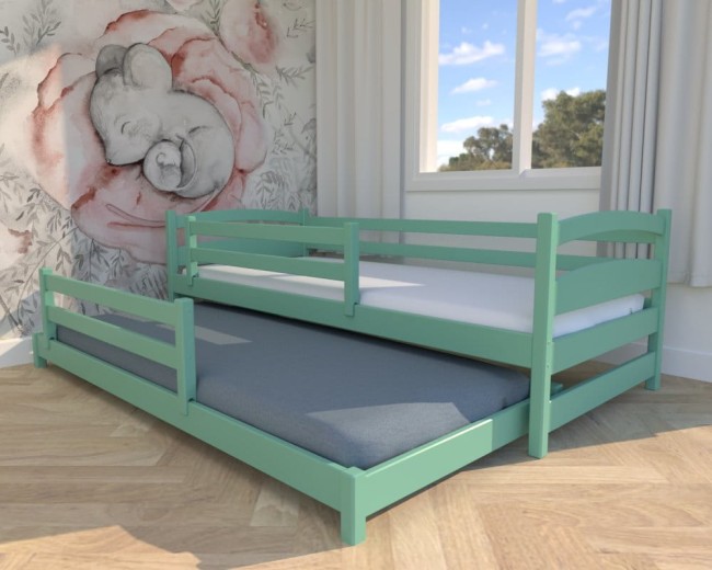 łóżko dziecięce Maja Low, niskie łóżko rozsuwane na dwa osobne, drewniane łóżeczko dla rodzeństwa z barierkami, bezpieczne od Valor Meble.jpg
