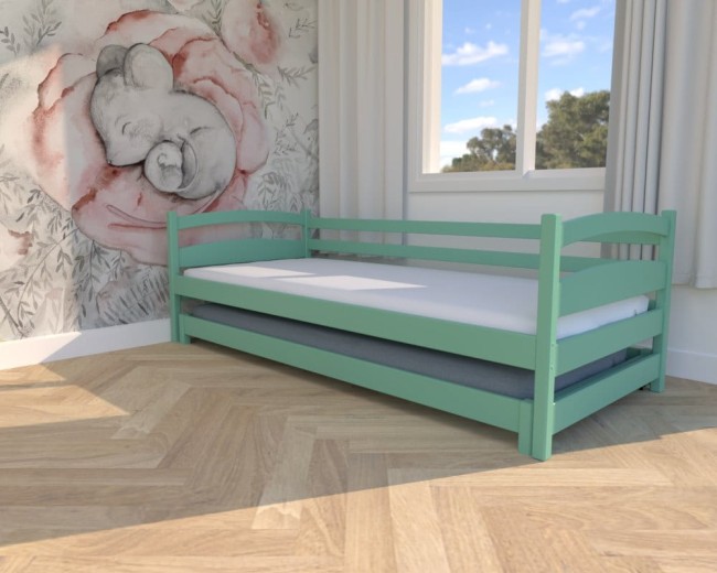 łóżko dziecięce Maja Low, niskie łóżko wysuwane na dwa osobne, drewniane łóżeczko dla rodzeństwa z barierkami, bezpieczne od Valor Meble.jpg