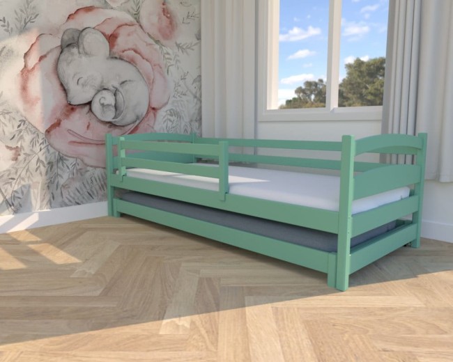 mietowe łóżko dziecięce Maja Low, niskie łóżko rozsuwane na dwa osobne, drewniane łóżeczko dla rodzeństwa z barierkami, bezpieczne od Valor Meble.jpg