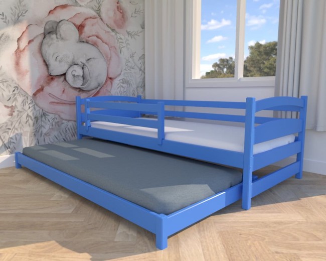 łóżko dziecięce Maja Low, klasyczne łóżeczko drewniane dla rodzeństwa, niebieskie łóżko dla chłopców, niskie łóżko wysuwane od producenta Valor Meble.jpg