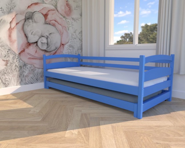 łóżko dziecięce Maja Low, klasyczne łóżeczko drewniane dla rodzeństwa,łóżko dla chłopców, niskie niebieski łóżko rozsuwane od producenta Valor Meble.jpg