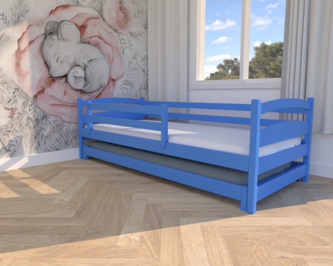 łóżko dziecięce Maja Low, klasyczne łóżeczko drewniane dla rodzeństwa,łóżko dla chłopców, niskie niebieskie łóżko rozsuwane od producenta Valor Meble.jpg
