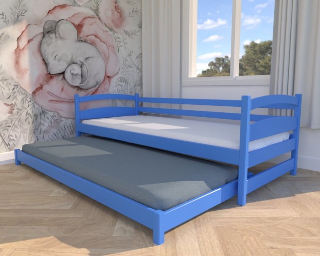 niebieskie łóżko dziecięce Maja Low, klasyczne łóżeczko drewniane dla rodzeństwa,łóżko dla chłopców, niskie łóżko rozsuwane od producenta Valor Meble.jpg