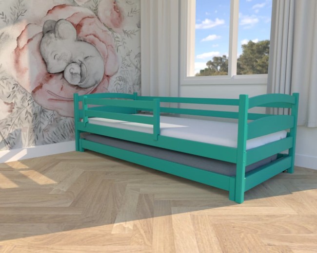 łóżko dziecięce Maja Low, niskie łóżko rozsuwane dla najmłodszych, drewniane łóżko z barierką od producenta Valor Meble w kolorze turkusowym.jpg