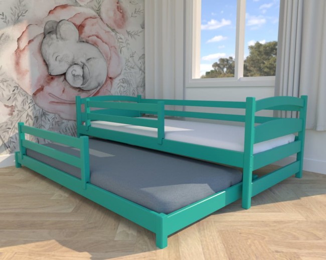 łóżko dziecięce Maja Low, niskie łóżko rozsuwane dla najmłodszych,wysuwane drewniane łóżko z barierką od producenta Valor Meble w kolorze turkusowym.jpg