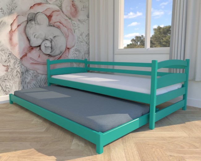 łóżko dziecięce Maja Low,niskie łóżko wysuwane dla najmłodszych, drewniane łóżko z barierką od producenta Valor Meble w kolorze turkusowym.jpg