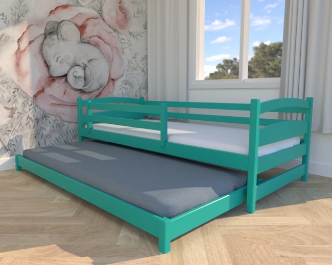 turkusowe łóżko dziecięce Maja Low, niskie łóżko rozsuwane dla najmłodszych,wysuwane drewniane łóżko z barierką od producenta Valor Meble.jpg