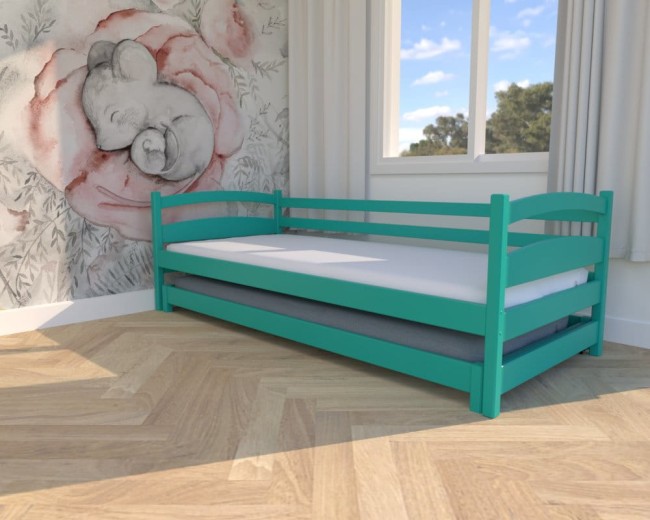 łóżko dla dzieci Maja Low, niskie łóżko rozsuwane dla najmłodszych, drewniane łóżko z barierką od producenta Valor Meble w kolorze turkusowym.jpg