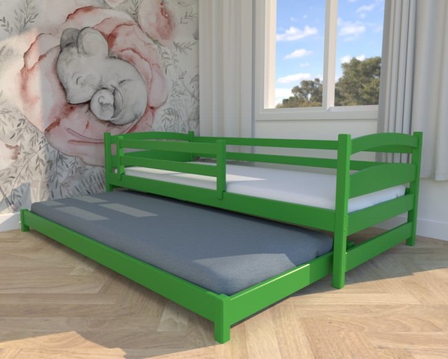 łóżko podwójne Maja Low, niskie łóżko dla najmłodszych, łóżko dla rodzeństwa, wyjątkowe łóżeczko dla chłopców, rozsuwane zielone od Valor Meble.jpg