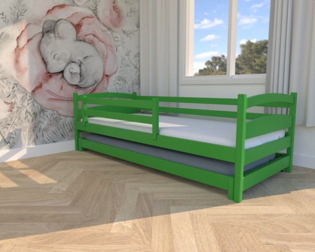 łóżko podwójne Maja Low, niskie łóżko dla najmłodszych, łóżko dla rodzeństwa, wyjątkowe łóżeczko dla chłopców, wysuwane podwójne zielone od Valor Meble.jpg