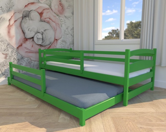 łóżko zielone podwójne Maja Low, niskie łóżko dla najmłodszych, łóżko dla rodzeństwa, wyjątkowe łóżeczko dla chłopców, wysuwane od Valor Meble.jpg