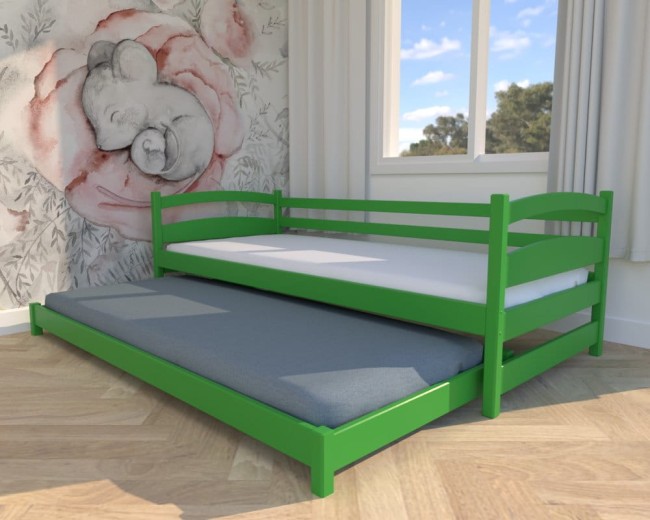 łóżko zielone podwójne Maja Low, niskie łóżko dla rodzeństwa, łóżko dla chłopcóe, wyjątkowe łóżeczko dwuosobowe wysuwane od Valor Meble.jpg