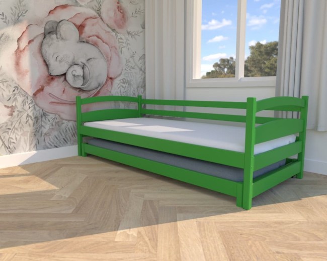 zielone łóżko podwójne Maja Low, niskie łóżko dla najmłodszych, łóżko dla rodzeństwa, wyjątkowe łóżeczko dla chłopców, wysuwane podwójneod Valor Meble.jpg