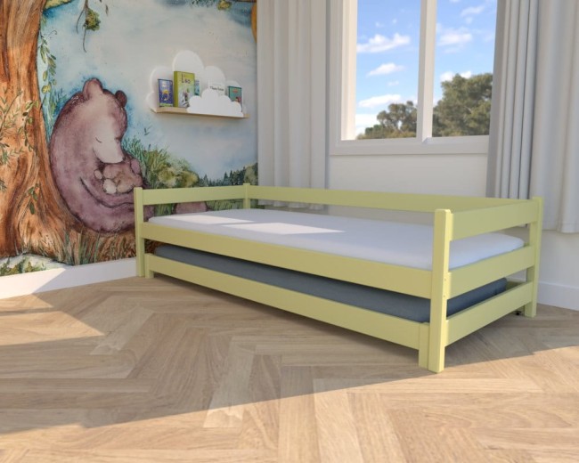 łóżko dla dzieci Maxi Low,żółte niskie bezpieczne łóżko dla maluszków, nowoczesne łóżeczko dla rodzeństwa, drewniane łóżko wysuwane od producenta Valor.jpg