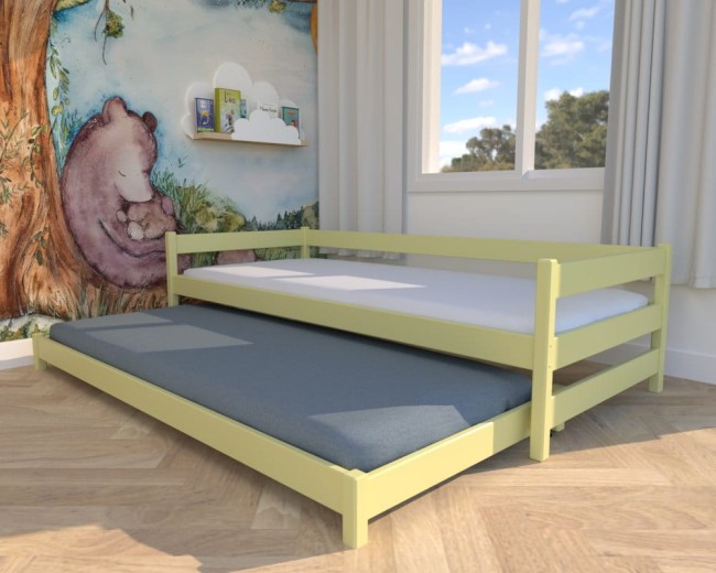 łóżko dla dzieci Maxi Low,żółte niskie bezpieczne łóżko dla najmłodszy, nowoczesne łóżeczko dla rodzeństwa, drewniane łóżko wysuwane od producenta Valor.jpg