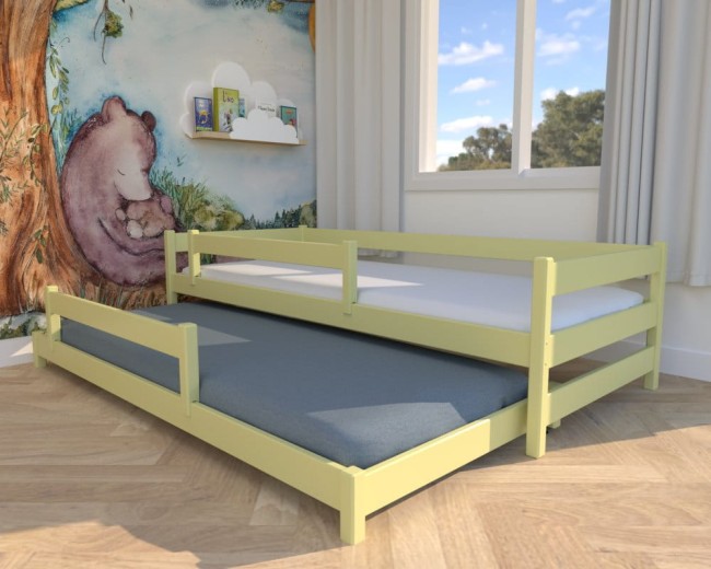 łóżko dla dzieci Maxi Lowniskie bezpieczne łóżko dla maluszków,  nowoczesne łóżeczko dla rodzeństwa, ,żółte drewniane łóżko wysuwane od producenta Valor.jpg