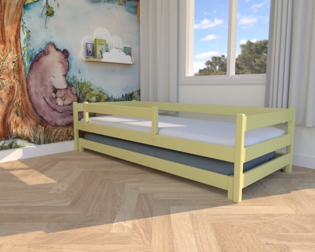 żółte łóżko dla dzieci Maxi Low, niskie bezpieczne łóżko dla maluszków, nowoczesne łóżeczko dla rodzeństwa, drewniane łóżko wysuwane od producenta Valor.jpg