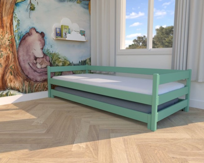łóżko dla dzieci Maxi Low, niskie łóżko dla dwulatka,drewniane łóżko od producenta VAlor Meble, łóżko wusywane dwuosobowe miętowe.jpg