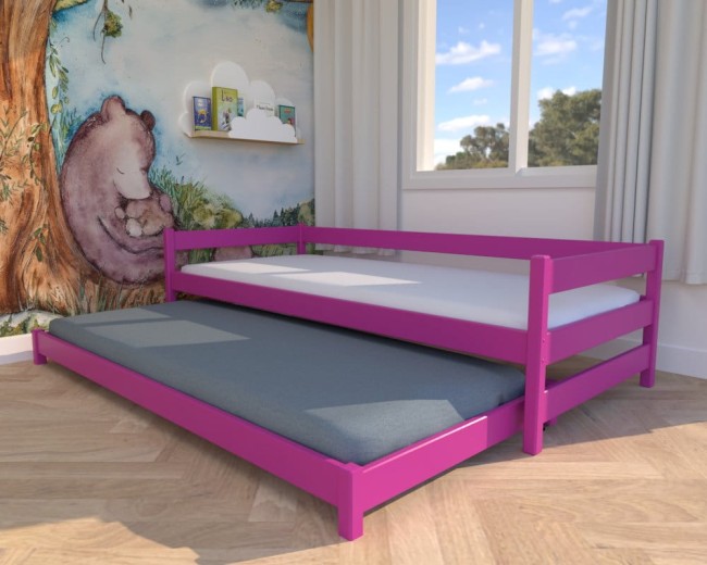 łóżko dla księżniczek Maxi Low, różowe niskie łóżko dla dziewczynek, nowoczesne łóżko do pokoju sióstr,wysuwane łóżko dwuosobowe od producenta Valor Meble.jpg