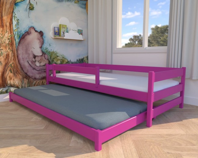 różowe łóżko dla księżniczek Maxi Low, niskie łóżko dla dziewczynek, nowoczesne łóżko do pokoju sióstr, wysuwane łóżko dwuosobowe od producenta Valor Meble.jpg