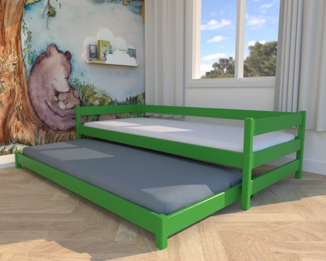 łóżko dla dzieci Maxi Low, niskie łóżko dla dwulatków, rozsuwane  zielone łóżko dla rodzeństwa, nowoczesne łóżko dla chłopców od producenta Valor Meble.jpg