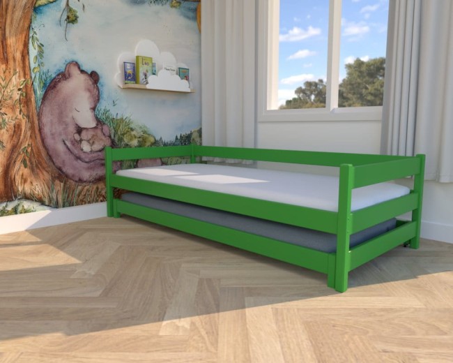 łóżko dla dzieci Maxi Low, niskie łóżko dla dwulatków, rozsuwane łóżko dla rodzeństwa, nowoczesne zielone łóżko dla chłopców od producenta Valor Meble.jpg