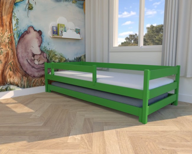 łóżko dla dzieci Maxi Low,zielone niskie łóżko dla dwulatków, rozsuwane łóżko dla rodzeństwa, nowoczesne łóżko dla chłopców od producenta Valor Meble.jpg