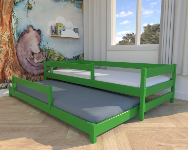 zielone łóżko dla dzieci Maxi Low, niskie łóżko dla dwulatków, rozsuwane łóżko dla rodzeństwa, nowoczesne łóżko dla chłopców od producenta Valor Meble.jpg